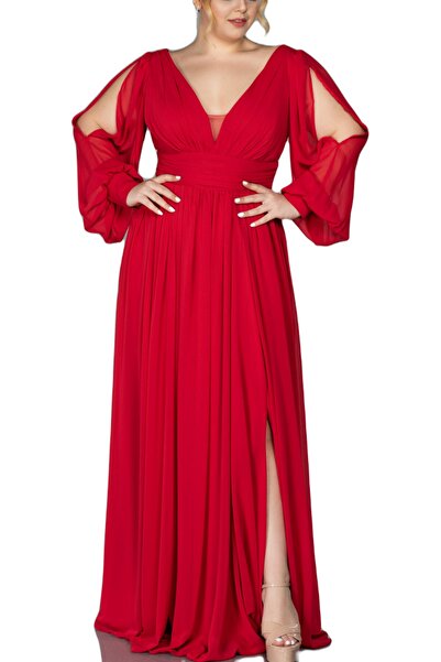 Arden Plus Size Long Evening Dress, Black, Red, Purple, Emerald Chiffon, A-line, V-neck, Long Sleeve, Wedding 46-60