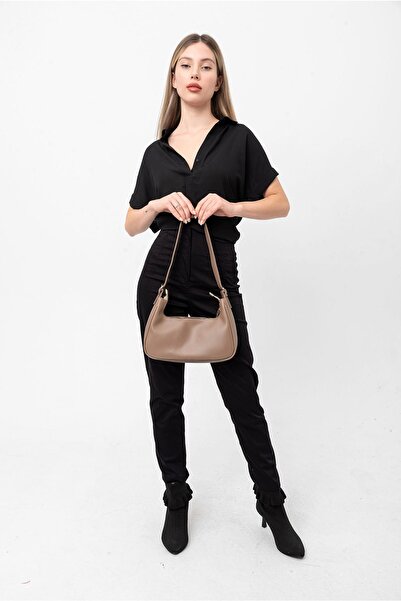 Saria Moda Geantă baghetă din piele cu fermoar oval