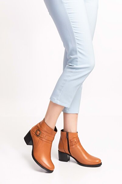 Gondol Kadın Hakiki Deri Kaymaz Taban Topuklu Bot Okn.1063 - Taba - 36