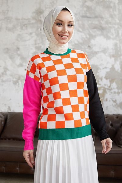 InStyle Monsa Square Plaid Pattern Knitwear Sweater - Orange