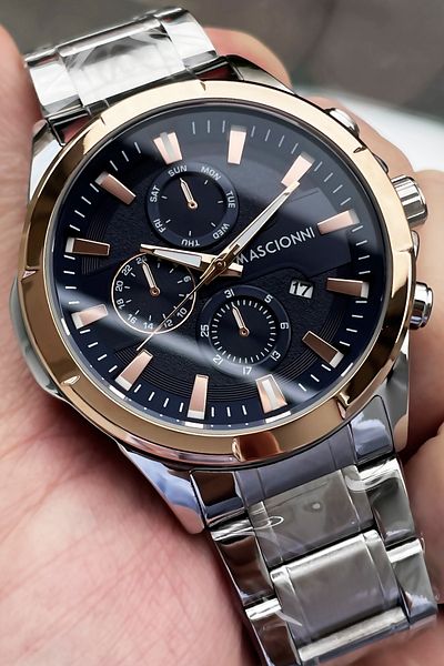 mascionni Men's Wristwatch 3 Atm Waterproof Silver Color Steel Strap + Natural Stone Bracelet