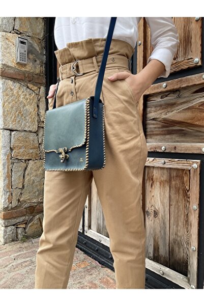 Tuvita Collection Bodrum %100 Hakiki Deri El Yapımı Kadın Lacivert Kilitli Po...