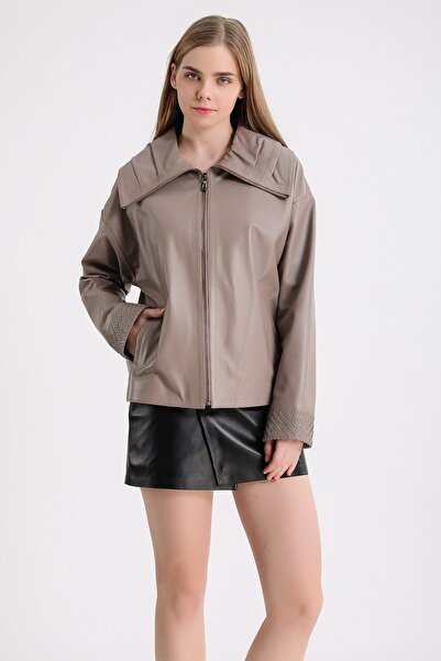 Leather Club Koyu Krem Oversize Deri Ceket