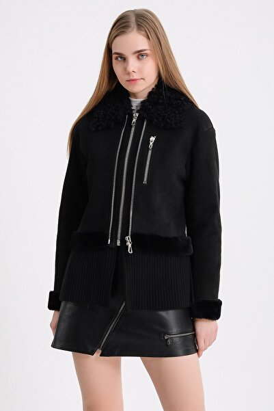 Leather Club Siyah Örgü Detaylı Tigrado Kürk Ceket