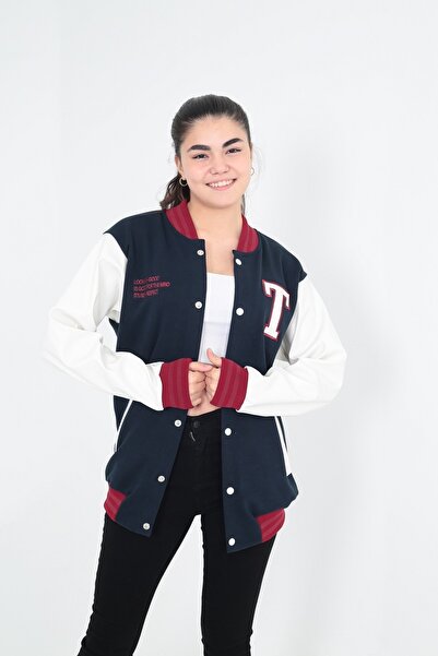 Sporting Kadın Lacivert Beyaz Kırmızı Rahat Kesim Kolej Mont