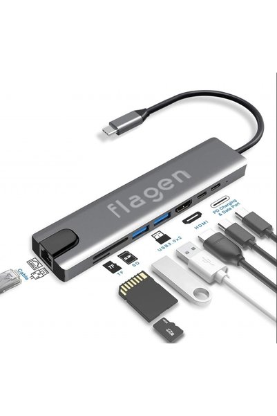 FLAGEN Macbook Air M2 Type-C Compatible Coupler 8 In 1 Ethernet SD USB HDMI H...
