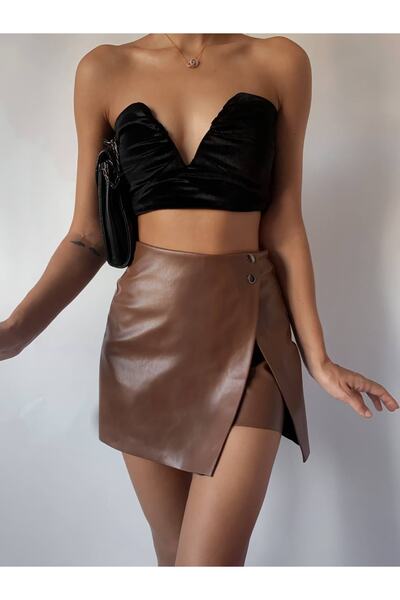 CİZA MODA Taba Düğme Detaylı Mini Deri Şort Etek
