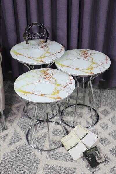 Zigonzi 3'lü Zigon Kum Saati Sehpa Takımı Beyaz Sarı Mermer Desenli Gümüş Ayak