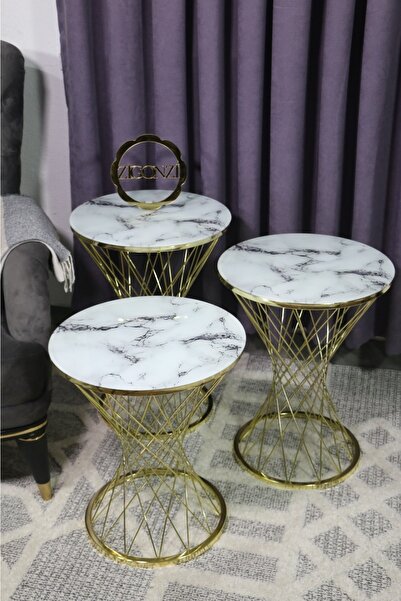 Zigonzi 3'lü Zigon Pota Sehpa Takımı Beyaz Siyah Mermer Desenli Temperli Cam ...