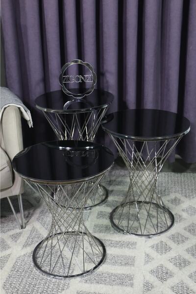 Zigonzi 3'lü Zigon Pota Sehpa Takımı Düz Siyah Temperli Cam - Gümüş Ayak