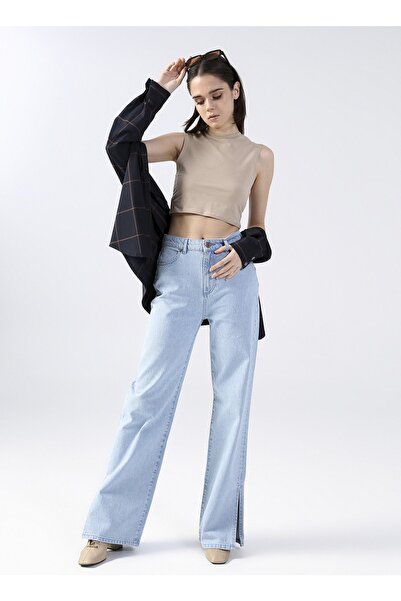 Fabrika Yüksek Bel Geniş Paça Bol Kesim Açık Indigo Kadın Denim Pantolon Vıvo