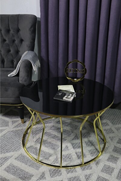 Zigonzi Orta Sehpa - Kum Saati Model - Düz Siyah Temperli Cam - Gold Ayak