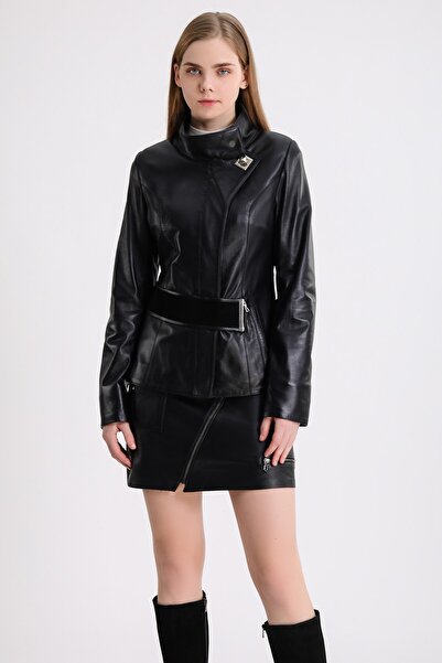 Leather Club Siyah Kemer Detaylı Deri Kaban