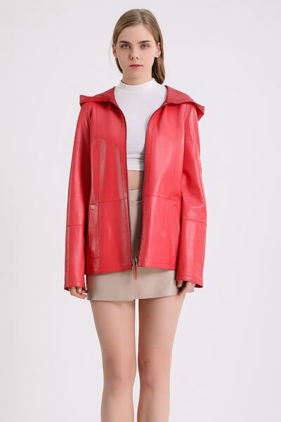 Leather Club Fuşya Çift Taraflı Kapüşonlu Süet Deri Mont