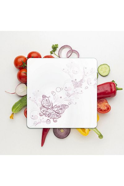 Decovetro Vintage Butterfly Patterned Square Glass Cutting Board