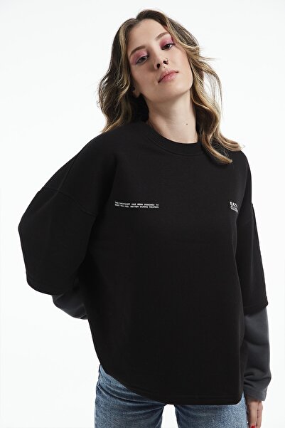 Eazy Co Hanorac gros unisex, negru, cu mâneci duble, oversize, cu gâtul turn