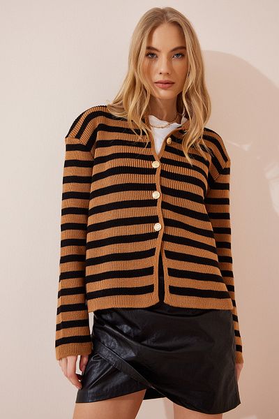 Happiness İstanbul Dámský velbloudí černý vatovaný proužkovaný úplet Cardigan BP00142