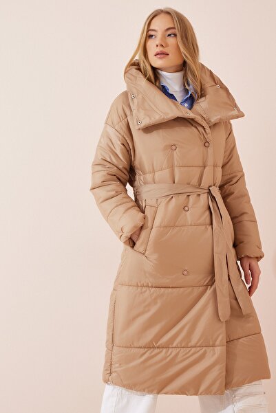 Happiness İstanbul Női könnyű keksz garbó, túlméretezett steppelt kabát QA00001