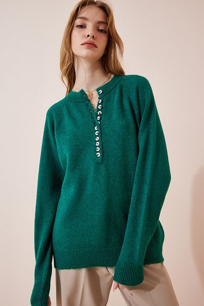 Happiness İstanbul Women's Dark Green Buttoned Collar Knitwear Sweater LX00040