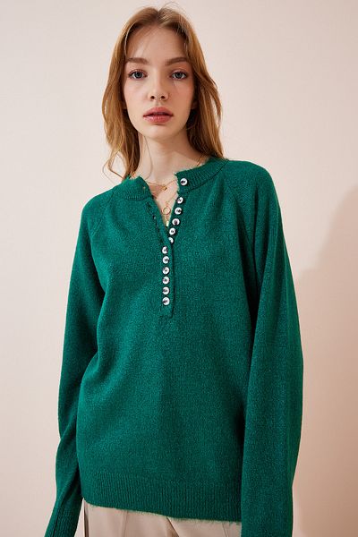 Happiness İstanbul Women's Dark Green Buttoned Collar Knitwear Sweater LX00040