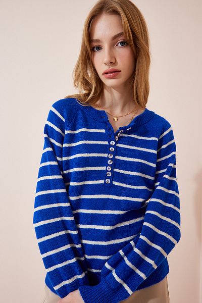 Happiness İstanbul Pulover de damă albastru închis cu nasturi din tricot cu rever LX00040