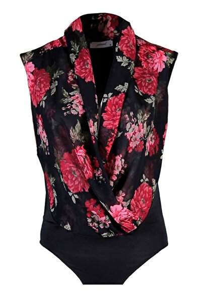 pimood Kadın Siyah Kırmızı Estee Çiçek Desenli Kolsuz Bluz Body