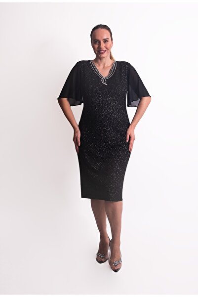 EZZE 4253 Likralı Esnek Kumaş Şifon Kol Elbise