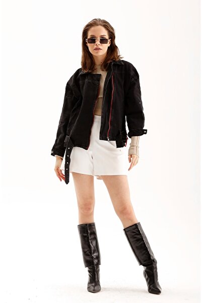 THIMOON Kadın Siyah Kemerli Denim Kot Mont