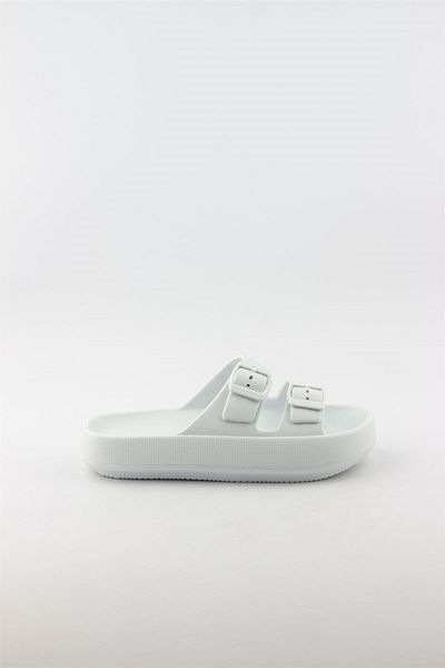 Anıl Ayakkabı Akınal Bella Double Buckle Platform Summer White Slippers
