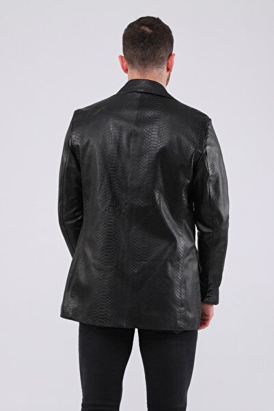 CE-YIL DERİ ÜRÜNLERİ Hakiki Deri Yılan Baskı Blazer Ceket