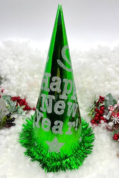 Huzur Party Store Πράσινο χρώμα Χριστουγεννιάτικο καπέλο από χαρτόνι Happy New Year Τυπωμένο Glittery Shiny Tassels Oversized Starry