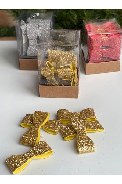 QUEEN AKSESUAR New Year's Eve 15 Pieces Shiny Glittery Bow Decoration Pine Tree Package Gift Ornament Boxed Gold