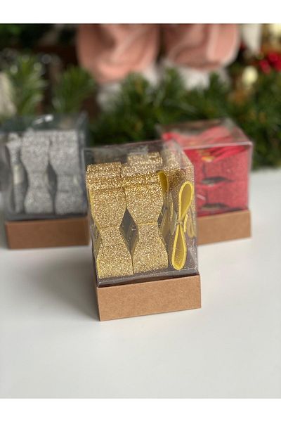 QUEEN AKSESUAR New Year's Eve 15 Pieces Shiny Glittery Bow Decoration Pine Tree Package Gift Ornament Boxed Gold