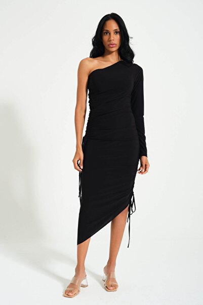 Whenever Company Siyah Tek Omuz Asimetrik Olarak Ayarlanabilir Drapeli Midi abiye elbise