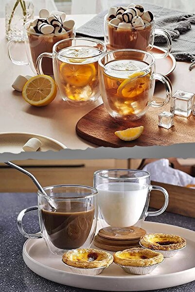 Tilbe Home Double Glazed Double Walled Glass Mug 350 Ml Home Office Cup Double Deck Heat Insulated Glass Cup with Handle