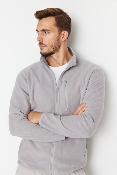 Trendyol Collection Graues, dick geschnittenes, warmes Anti-Pilling-Fleece-Sweatshirt mit Reißverschluss – TMNAW23HI00050