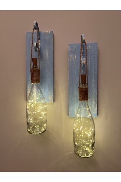 Mes Reves Stopper Fairy LED Lighted Blue Antique Wooden Glass Champagne Bottle Wall Sconce Set of 2