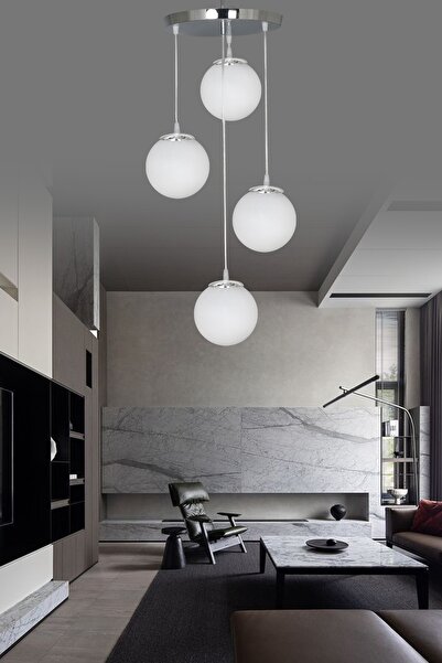 ŞL Şef Light Sarkıt Tepsi Gümüş 4'lü Beyaz Camlı Avize