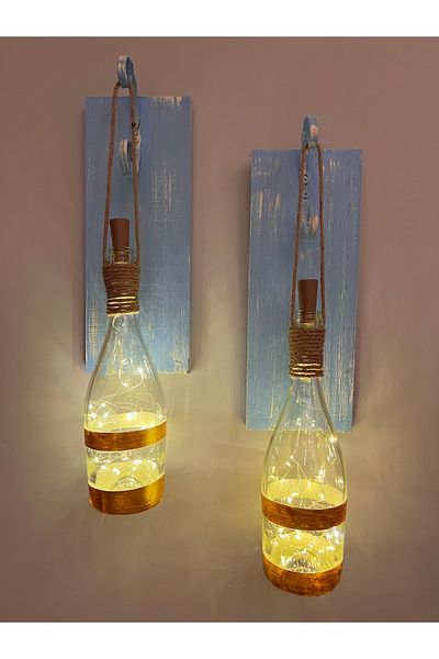 Mes Reves Stopper Fairy LED Lighted Blue Wooden Gold Gilt Glass Champagne Bottle Wall Sconce Set of 2