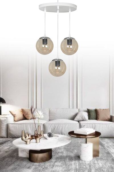 Genel Markalar Beyaz 3'lü bal camlı sarkıt tepsi avize, şık ve modern dekoras...