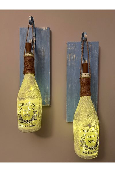 Mes Reves Stopper Fairy LED Lighted Blue Antique Wooden Frosted Glass Champagne Bottle Wall Sconce Set of 2