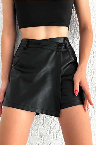 fehika Kadın Siyah Içi Polarlı Deri Şort Etek