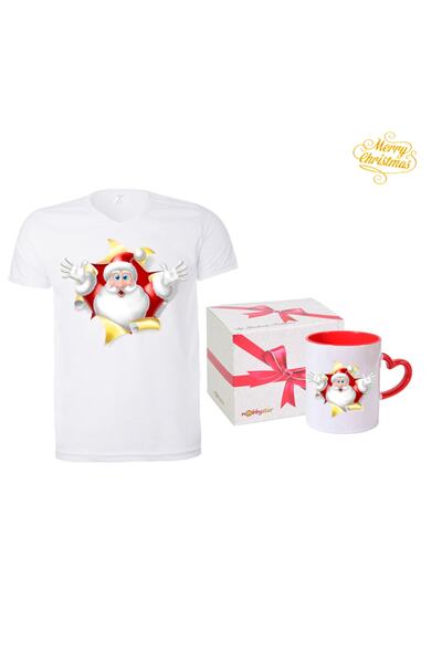 HediyeMania Beyaz Yılbaşı Tişörtü Ve Kırmızı Kalp Kulplu Kupa Tasarım Baskılı Tişört Kupa Seti Sevgiliye Hediye
