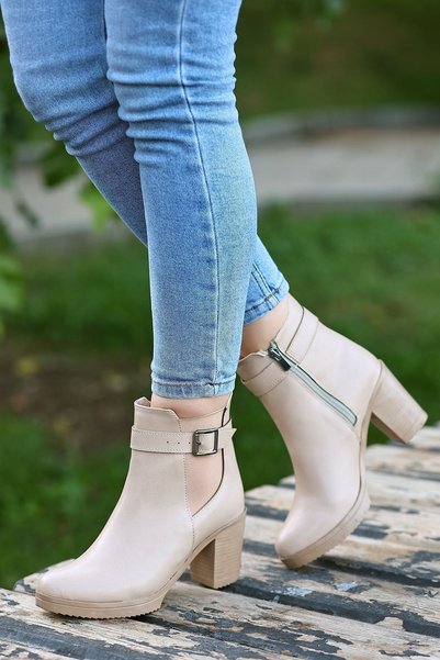 LEYDİ SHOES Emy-203 Bej Lastik Detaylı Yandan Fermuarlı Bot