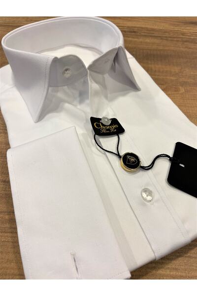 Chamis قميص ساتان أبيض بقصة ضيقة وياقة كلاسيكية وأكمام مزدوجة