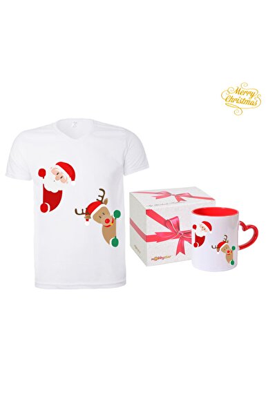 HediyeMania Set cadou cu tricou alb de Crăciun Moș Crăciun cu imprimeu și can...