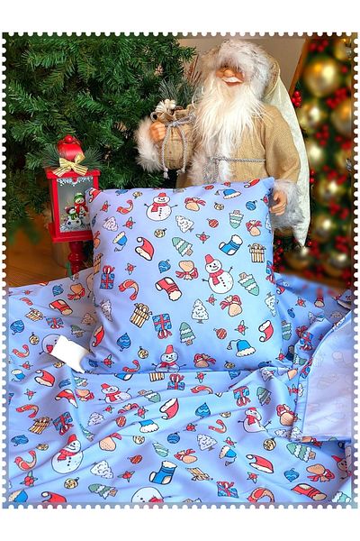 QUEEN AKSESUAR New Year's Blue Snowman Pattern Decoration Carefree Fabric Throw Pillow Cushion Table Bed Cover Set