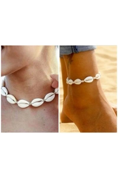 Roe takı aksesuar Seashell Patterned Women's Necklace and Anklet Set