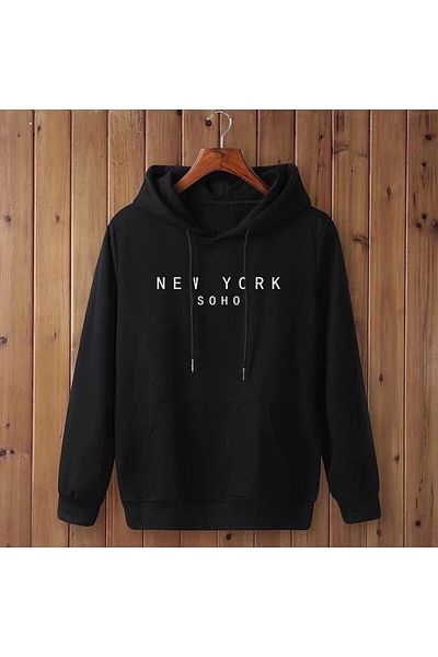 Arya Moda Women's Black Soho Three Thread Ribbed Kangaroo Pocket Hooded Sweatshirt
