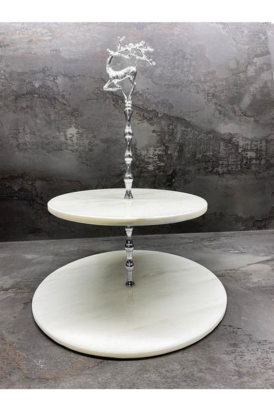 Modestmar Natural Marble Cookie Holder & Cake Holder 2 Layers with Silver Deer Object